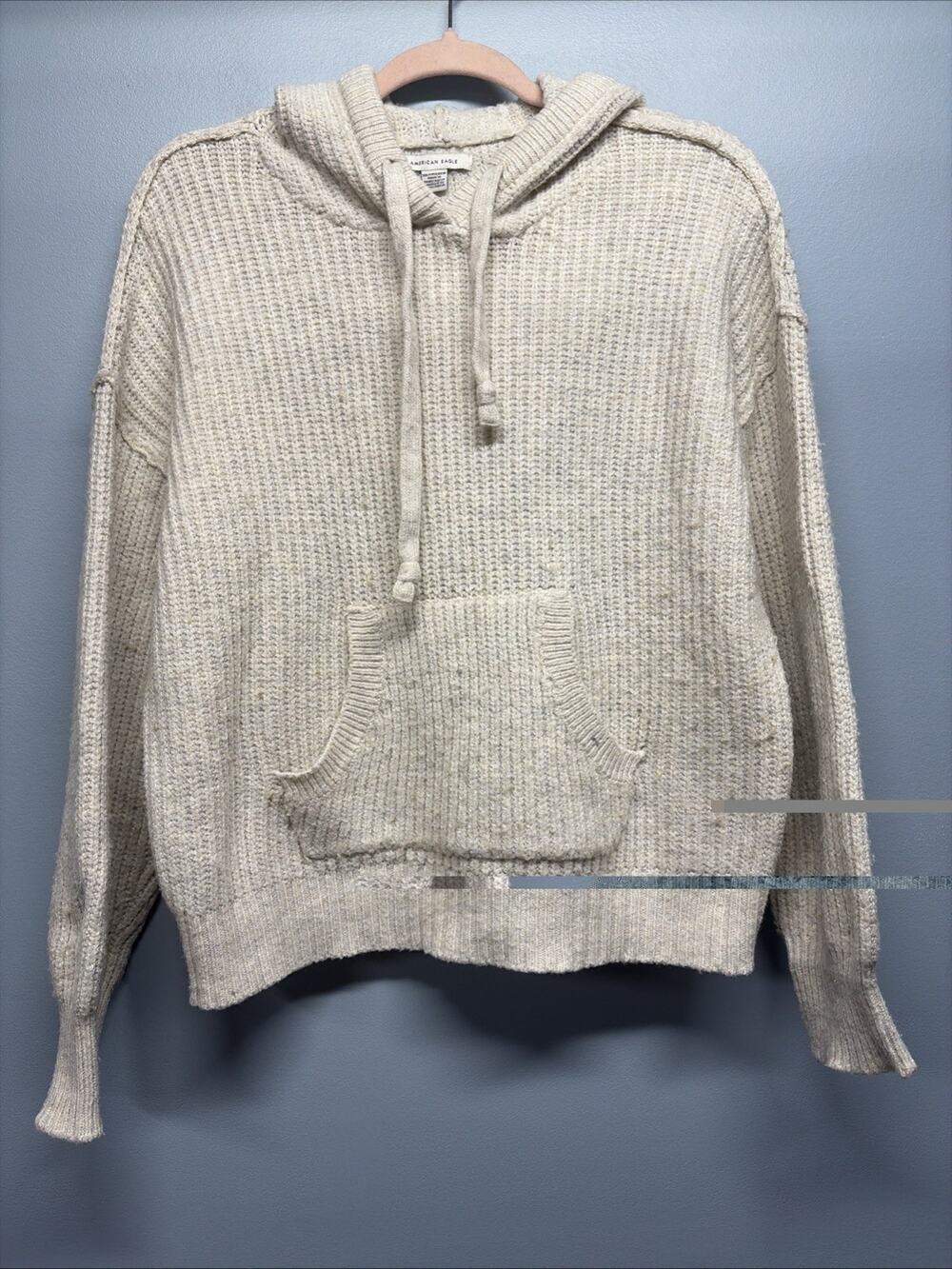 American Eagle Ribbed Knit Hoodie Oversized Oatmeal Beige Kangaroo Pocket - XS
